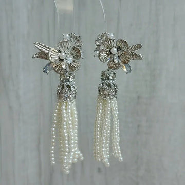 DAIIIBABYYY  -  Korean Design Fashion Silver Color Metal Pearl Tassel Earrings Elegant Long Flower Drop Earings Female